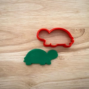 Op de afbeelding: Een rode koekjesvorm in de vorm van een schildpad en een groene koekje in de vorm van een schildpad. De koekjesvorm is gemaakt van rood plastic en de koekje is groen. Beide liggen op een lichtbruin houten oppervlak.