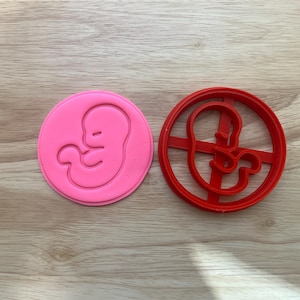 Könnte beinhalten: Ein rosa Ausstecher in Form eines Fötus neben einem roten Ausstecher mit dem gleichen Design. Die Ausstecher liegen auf einer hellbraunen Holzoberfläche.