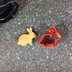 May include: A red plastic bunny cookie cutter and a yellow cookie in the shape of a bunny.