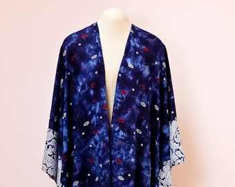 Kimono Cardigan, Open Front Short Jacket, Geometric Tie-Dye Blue Print, One Size