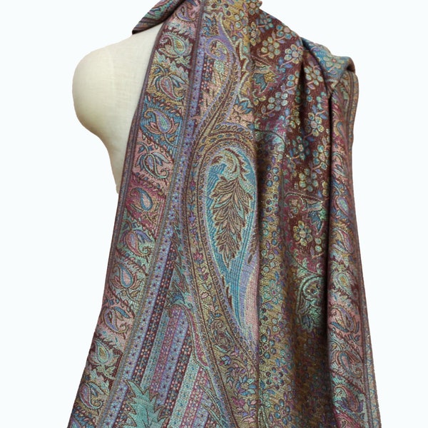 Paisley Pashmina Scarf, Reversible Brown, Teal Blue, and Pink Pashmina Shawl, Sparkling Gold Pashmina Wrap, Pashmina Holiday Accessory