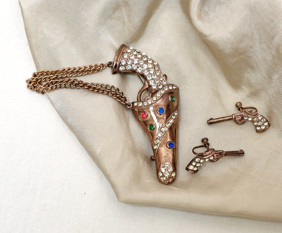 Antique 1950s Rhinestone Gun / Pistol & Holster C… - image 1