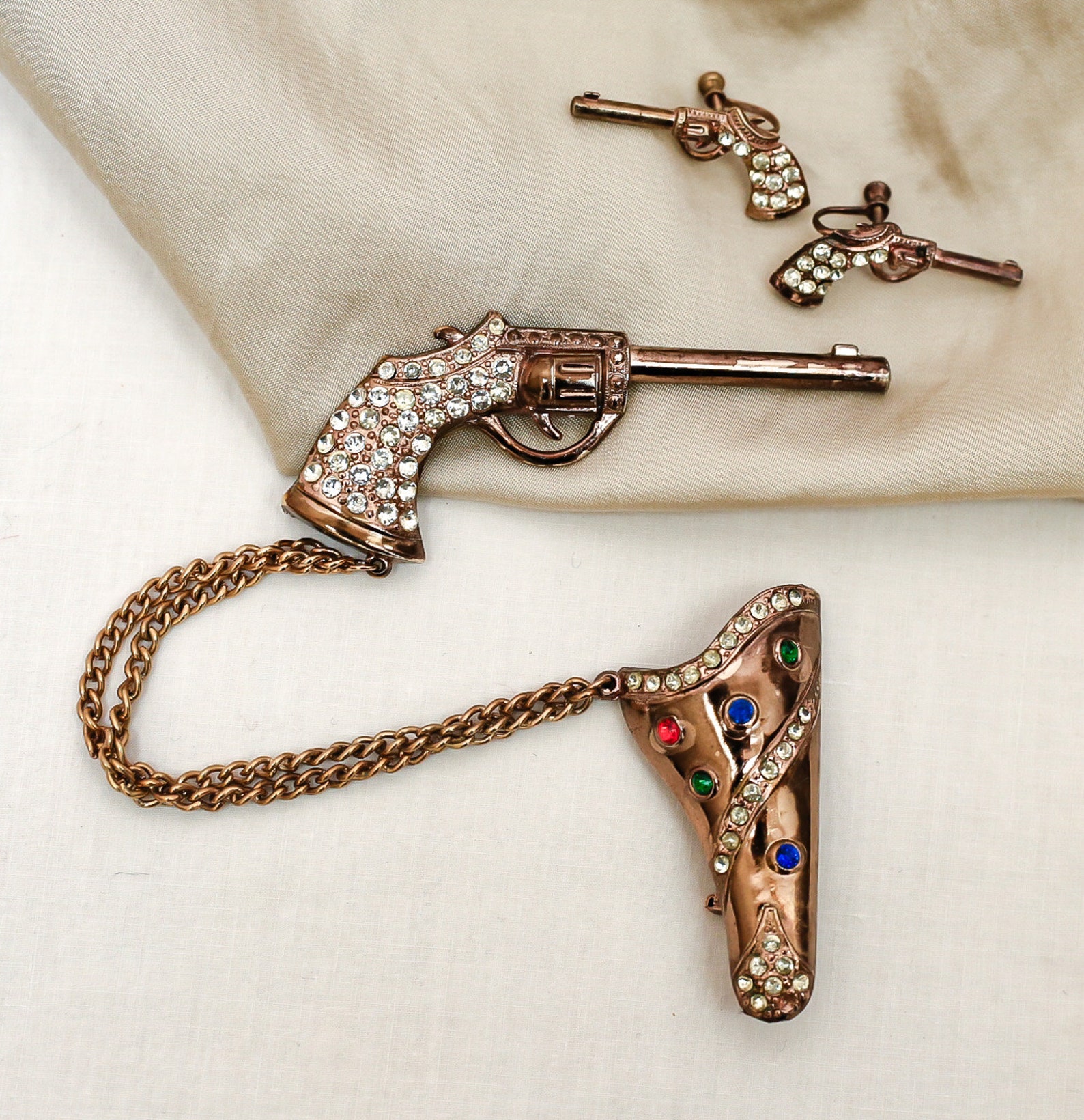 Antique 1950s Rhinestone Gun / Pistol & Holster Chatelaine Brooch / Pin ...
