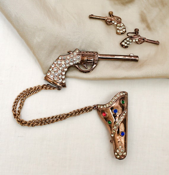 Antique 1950s Rhinestone Gun / Pistol & Holster C… - image 3