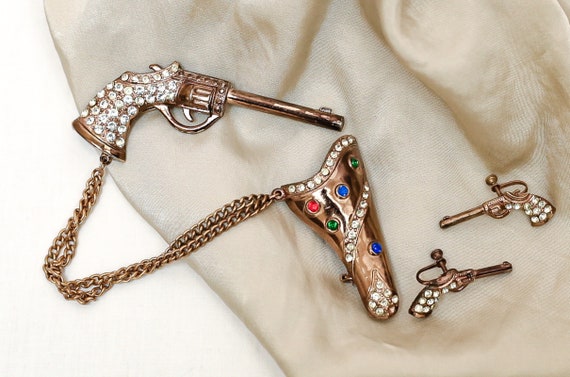 Antique 1950s Rhinestone Gun / Pistol & Holster C… - image 4