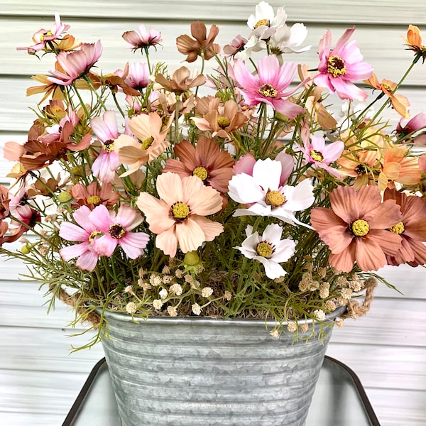 Farmhouse Centerpiece, Country Arrangement, Antique Galvanized Container, Silk Flower Decor, XL Table Arrangement, Silk Cosmo Flowers