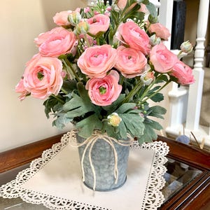 FREE SHIPPING Pink Ranunculus Flowers, Farmhouse Flower, Rustic Decor, Silk Floral Arrangement, Table Arrangement, Farmhouse Decor, Get Well