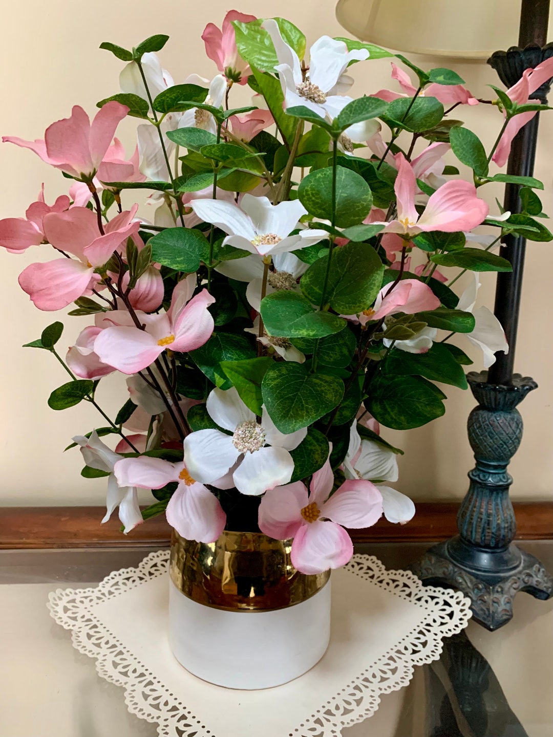 Pink, White Dogwood Blossoms, Green Eucalyptus, Silk Table Arrangement