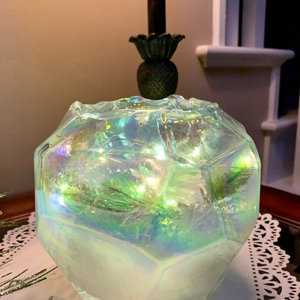 Lighted Glass Globe, Lighted LED Timed Glass Decor, Tabletop Multifaceted Unique Decor, Seasonal Decor, Evergreen Home Decor, Gift