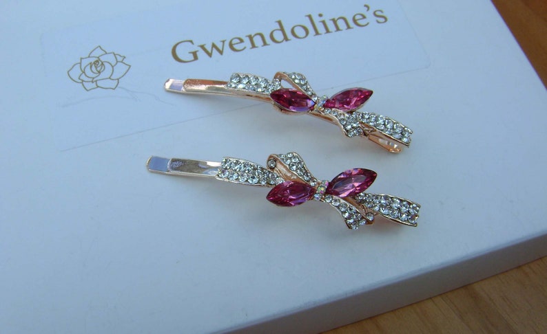 a pair Wedding Bridal Prom Pretty Rose Gold Hair Pins with Crystal and Rhinestone Bow