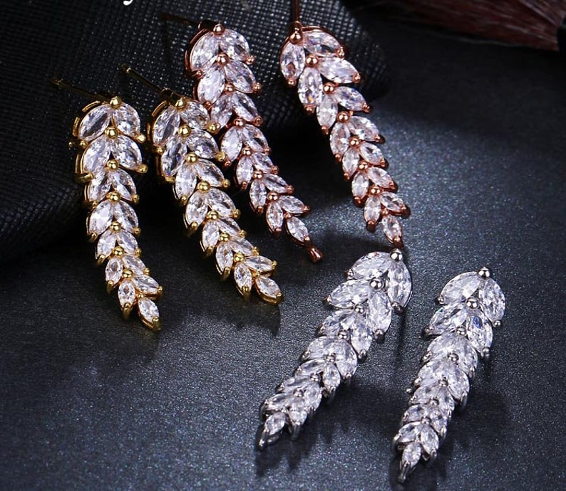 Sparkling Cubic Zirconia Hanging Leaf Earring Rose Gold Gold Silver
