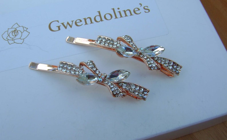 a pair Wedding Bridal Prom Pretty Rose Gold Hair Pins with Crystal and Rhinestone Bow