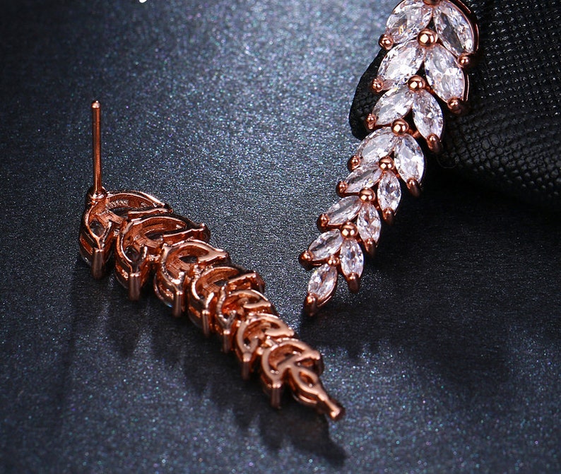 Sparkling Cubic Zirconia Hanging Leaf Earring Rose Gold Gold Silver