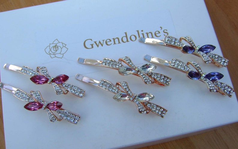 a pair Wedding Bridal Prom Pretty Rose Gold Hair Pins with Crystal and Rhinestone Bow