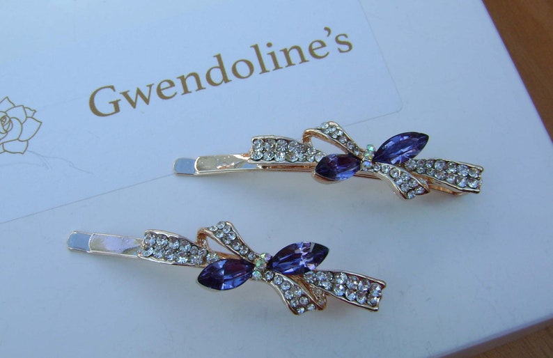 a pair Wedding Bridal Prom Pretty Rose Gold Hair Pins with Crystal and Rhinestone Bow