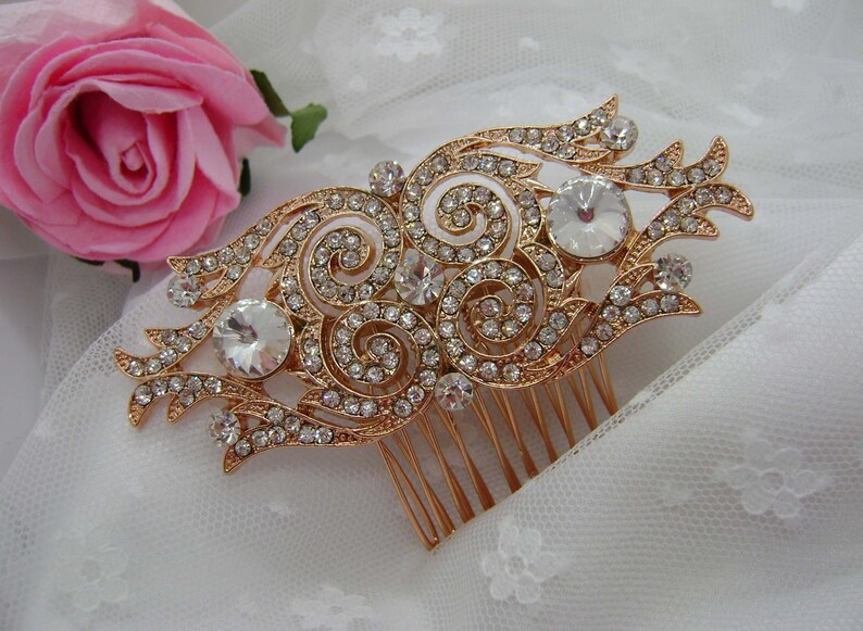 Rose Gold Art Deco Style Crystal Wedding Comb