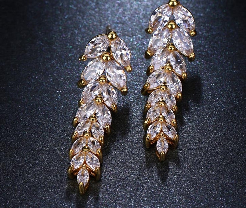 Sparkling Cubic Zirconia Hanging Leaf Earring Rose Gold Gold Silver