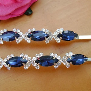 Gold Hair Grips with Sapphire Blue and Clear Crystals - a Pair