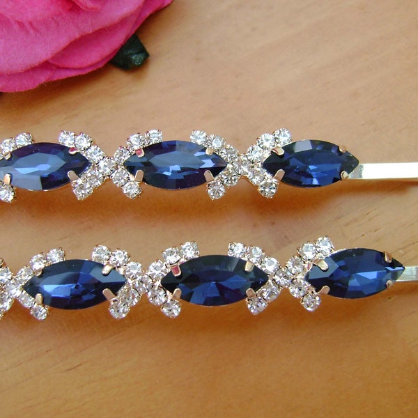 Gold Hair Pins with Sapphire Blue and Clear Crystals - a Pair