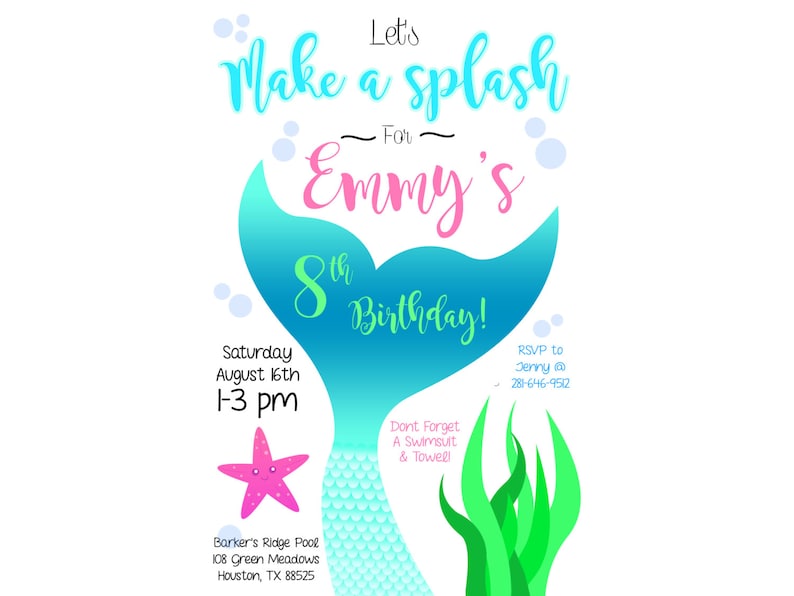 K&ouml;nnte beinhalten: Eine Einladung zu einer 8. Geburtstagsfeier mit einem Meerjungfrauen-Schwanz-Design. Die Einladung lautet "Let's Make a Splash for Emmy's 8th Birthday!" mit einer blauen und gr&uuml;nen Meerjungfrauen-Schwanz-Grafik. Die Party findet am Samstag, den 16. August von 13:00 bis 15:00 Uhr im Barker's Ridge Pool statt. RSVP an Jenny unter 281-646-9512.