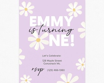 Editable Birthday Invitation - Printable PDF - First Birthday - Daisy - Watercolor - Purple - Lavender - Girl’s Birthday