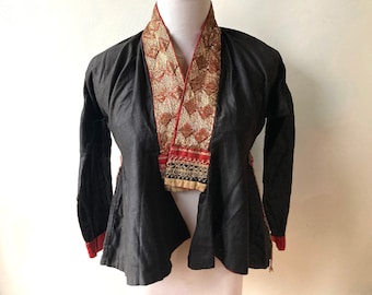 Hand Sewn Black Jacket, Gold Couched Embroidery, Hill Tribe Garment