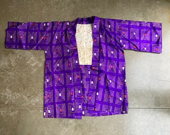 Short purple silk kasuri Kimono in with graphic pattern mid 20th c.
