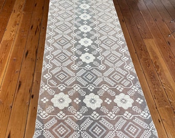 Very long, large, vintage linen net filet lace tablecloth
