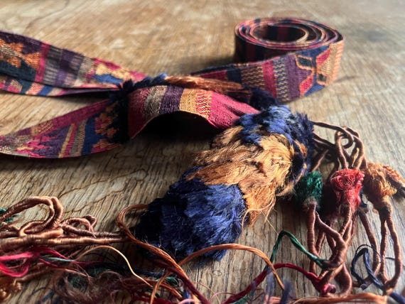 Vintage Guatemalan Cinta Hand Made Woven Head Hair Wrap with Tassels an old antique hand woven cotton cinta head wrap band  main image 2