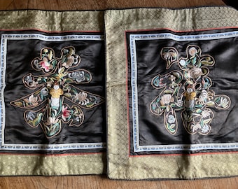 Vintage Chinese Embroidered Pillow Covers, Silk Floral Figures (Set of 2)