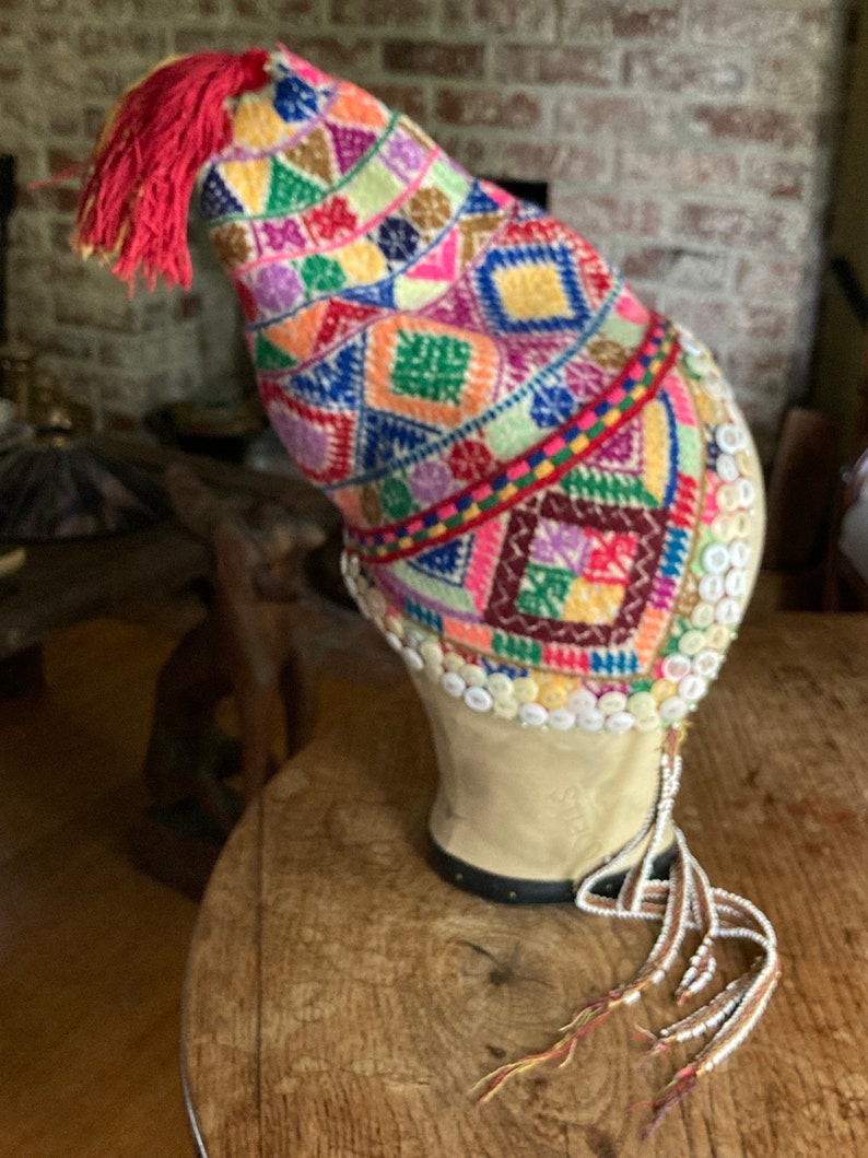 Vintage Bolivian Chullo hat with button and bead embellishments 1980 image 2