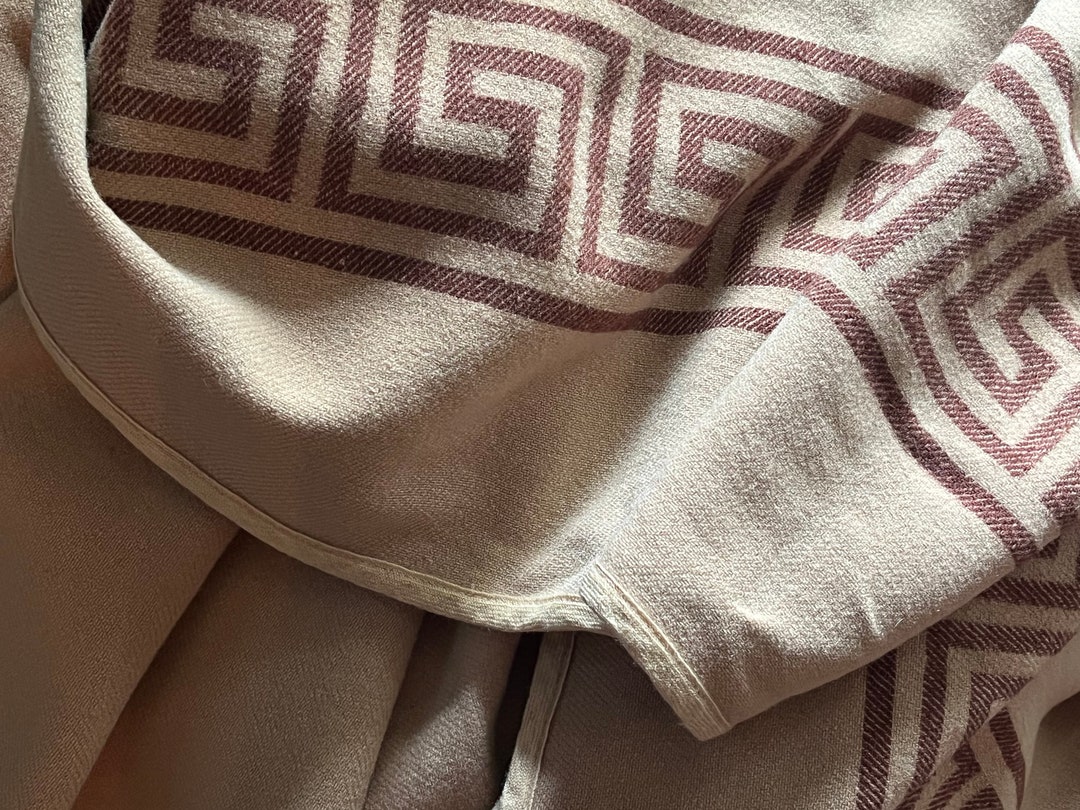 Vintage Camel Hair Wool Camp Blanket Greek Key Design Etsy
