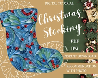 Quilling Christmas Stocking Tutoria - PDF & JPG - Paper Quilling Pattern - Holiday Craft Template -Instant Download