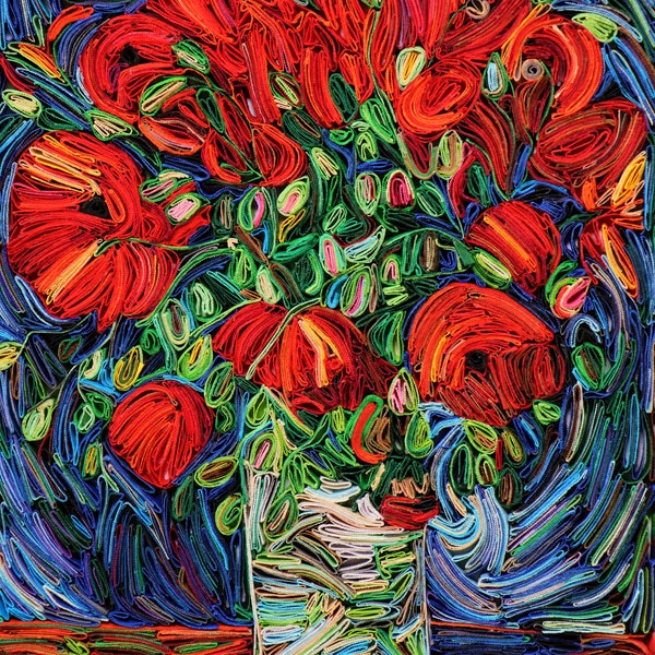 Art mural quilling « vase avec coquelicots », reproduction de Vincent Van Gogh, décoration murale salon, peinture murale quilling, art quilling fait main en papier