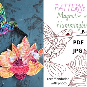 Template Hummingbirds + Magnolia paper  quilling artwork, download quilling pattern