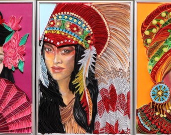 Set 3 wall painting portrait "Girls"   wall set quilling art quiiled paper painting portrait girls  painting set  wall quilled decor art