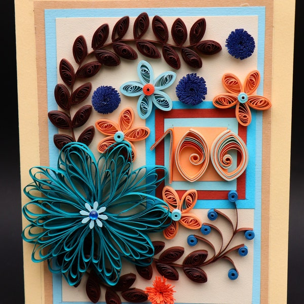 Custom birthday card for 100th (choose your nr) .. Birthday Handmade custom birthday card with quilled flowers lovely quilled greeting card