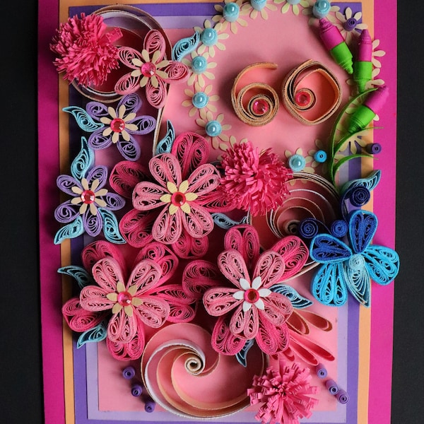 Custom birthday card for 60th (choose your nr) .. 100th Birthday / Handmade custom greeting card with quilled flowers quilling gift card