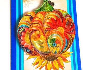 Tarjeta de calabaza de Acción de Gracias / Tarjeta de Feliz Día de Acción de Gracias / Tarjeta de Acción de Gracias de Quilling / Tarjetas de acolchado agradecido / Regalo de arte de pared de Acción de Gracias