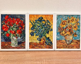 Ensemble de 3 oeuvres d'art piquées Van Gogh | Décoration murale en papier fait main dans un cadre | Cadeau unique pour les amateurs d'art