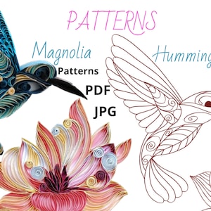 Könnte beinhalten: Zwei digitale Papierbastelvorlagen, eine von einem Kolibri und eine von einer Magnolienblüte. Das Kolibri-Muster ist in brauner Linienkunst und das Magnolienmuster ist in rosa, gelb und weiß. Der Text "Patterns" befindet sich oben im Bild, und der Text "Magnolia Patterns" befindet sich auf der linken Seite des Bildes. Der Text "Hummingbird" befindet sich auf der rechten Seite des Bildes. Der Text "PDF JPG" befindet sich in der Mitte des Bildes.