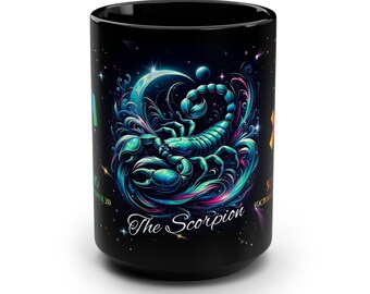 May include: Black ceramic mug with a colorful illustration of a scorpion in a galaxy setting. The text "The Scorpion" is printed below the scorpion. The dates "October 23 - November 21" are printed on the side of the mug.