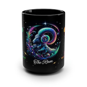 May include: Black ceramic mug with a colorful illustration of a ram's head in a circle with the text "The Ram" at the bottom.