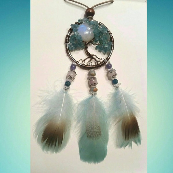 Comes in Gift Box Apatite Tree of Life with Rainbow Moonstone Cabochon Moon Sun Catcher Dream Catcher Window Char