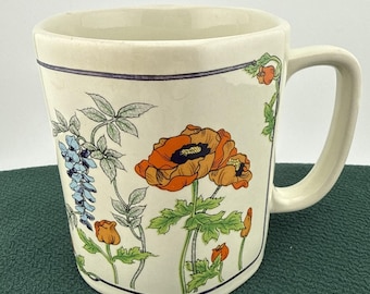Vintage Japan Hexagon WIldflowers Stoneware Coffee Mug / Tea Cup Peony 1970's J