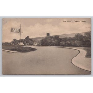 May include: A vintage sepia-toned postcard showing the Dow Hotel in Freeport, Texas. The image features a long, low-profile building, a curved driveway, and a prominent sign on a pole that reads Dow Hotel. Trees and shrubs surround the structure.