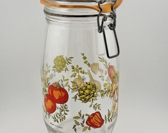 Vintage Arc France Mushrooms Garden Veg Spice of Life Clear Glass Jar 1.5L Hinge