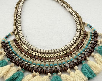 Vintage Boho Gold Tone Turquoise Tassels Statement Bib Necklace Festival Global