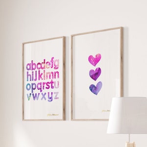 Set of 2 Pink Prints Alphabet Wall Art, Alphabet Wall Decor, Printable Nursery Decor, Pictures for Girls Room, Pink Nursery Decor