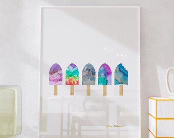 Popsicle Art, Watercolor Popsicle, Ice Cream Decor, Kitchen Decor, Ice Cream Party, Kitchen Wall Art, Digital Download, Summer Treat